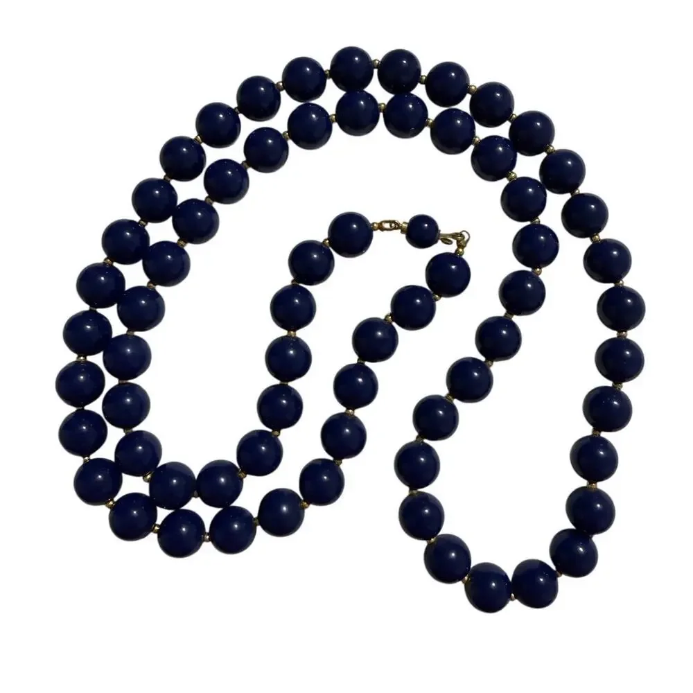Vintage Navy Blue Beaded Necklace 28 Inch Strand Gold Tone Clasp Classic